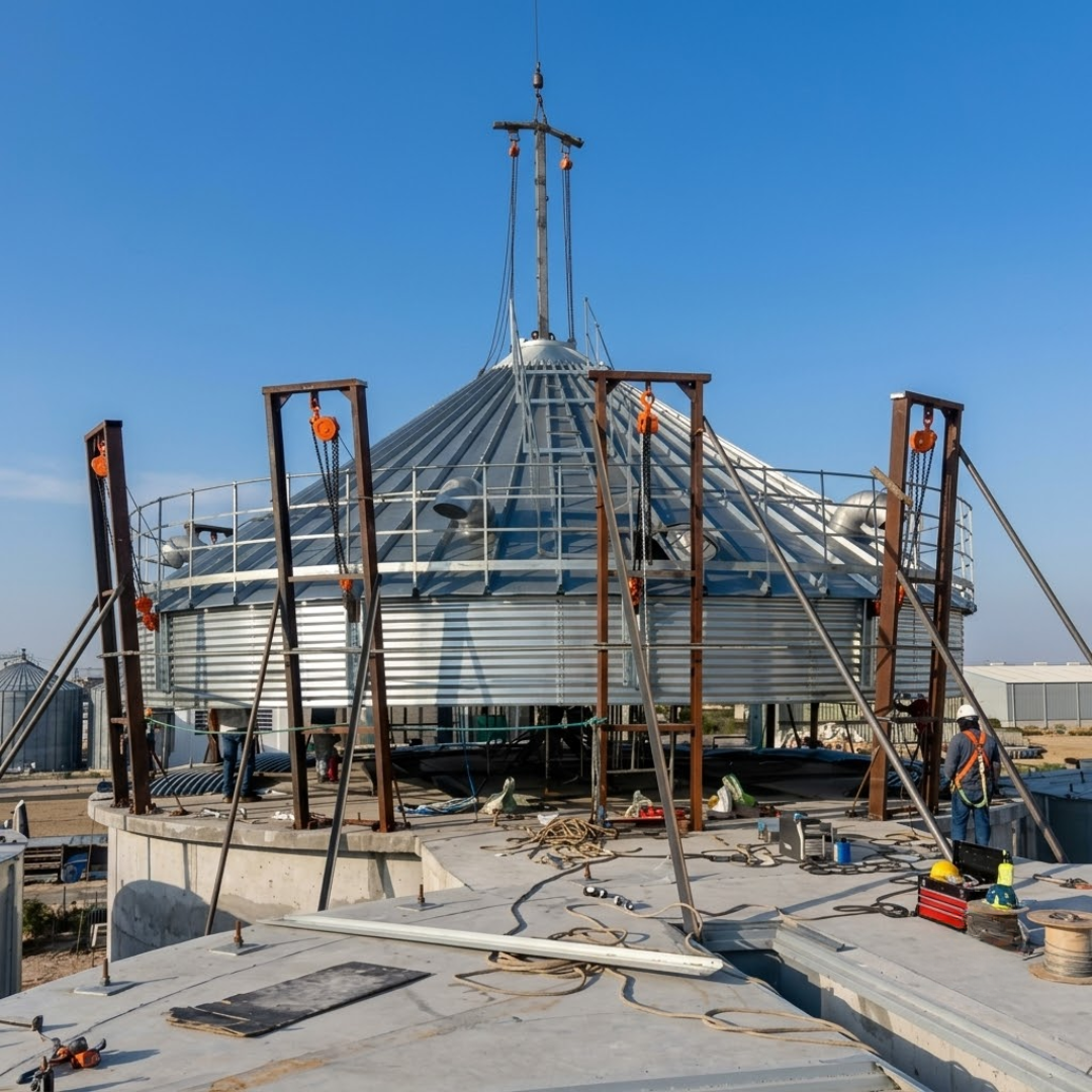 Roof lift and final erection works on one of the 1,500 MT grain silos.