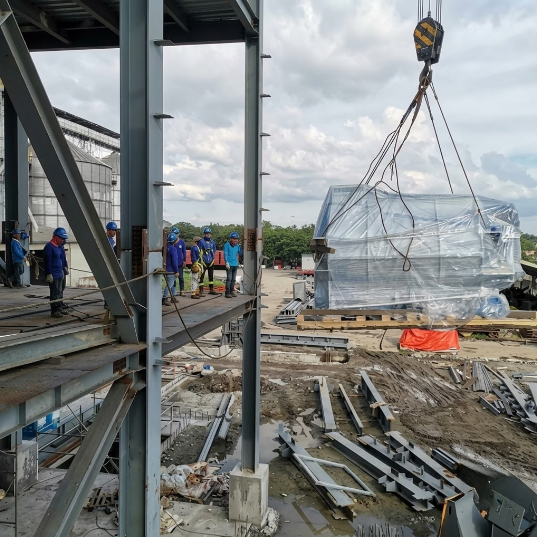 Heavy equipment lift and equipment positioning inside the 40 MT/hr aqua feed plant structure.
