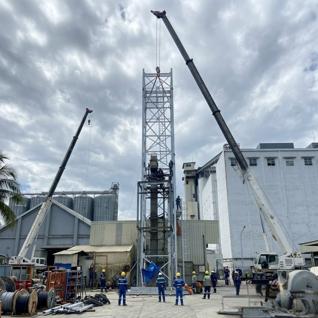 Crane-assisted structural installation activity for the 8 × 3,600 MT grain silo facility.