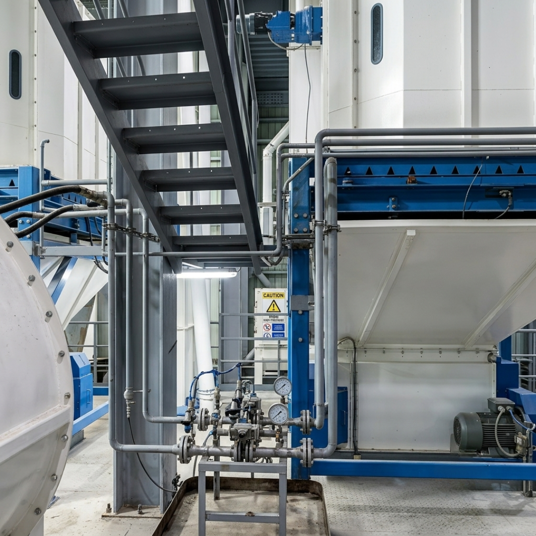 Detailed equipment and piping installation inside the completed 30 MT/hr feed mill plant.