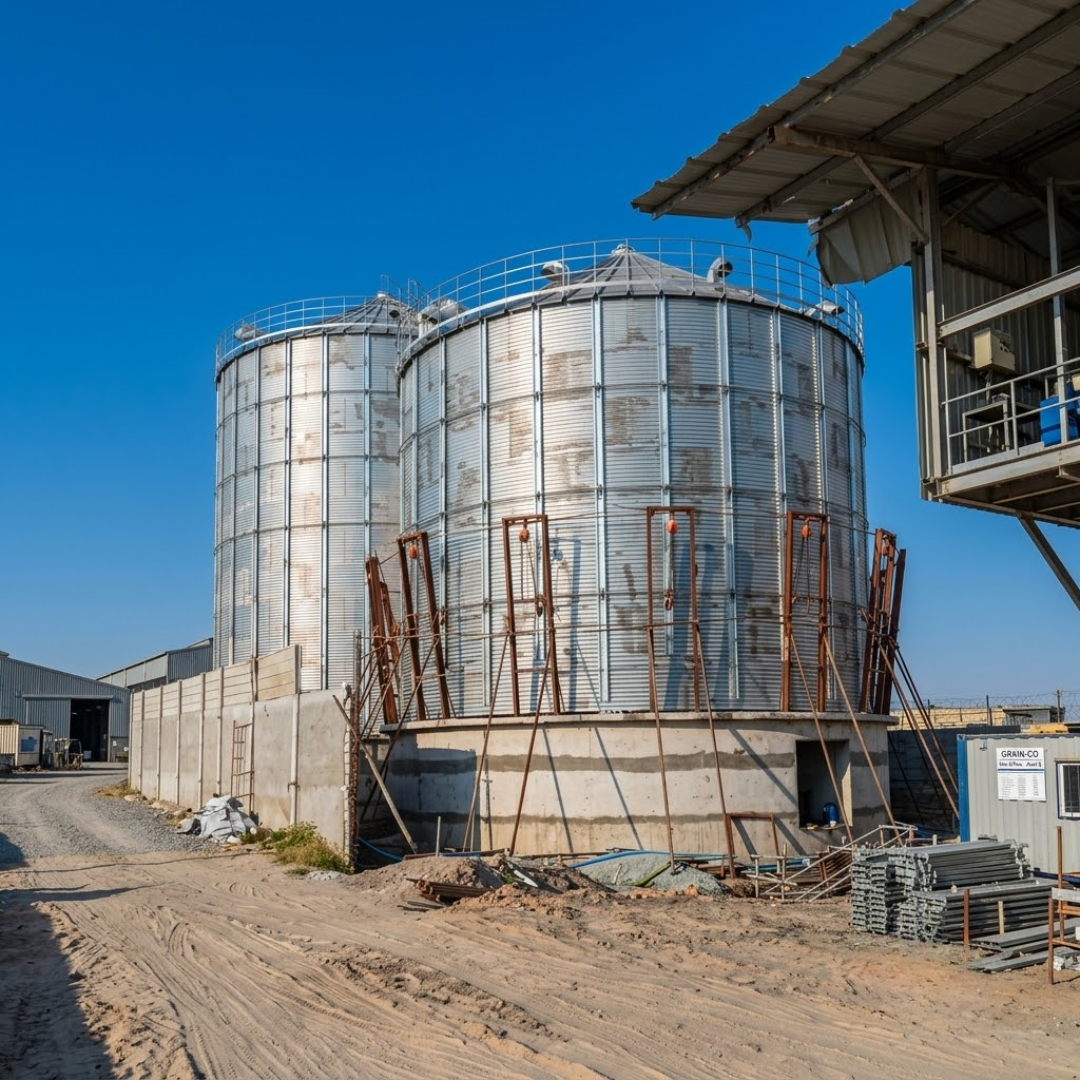 Completed 2 × 1,500 MT grain silo installation with civil base and surrounding site works, now used as the primary hero image.