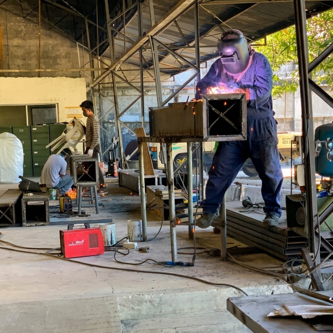 Initial welding and assembly of fabricated conveyor ducting for the conveyor fabrication project.