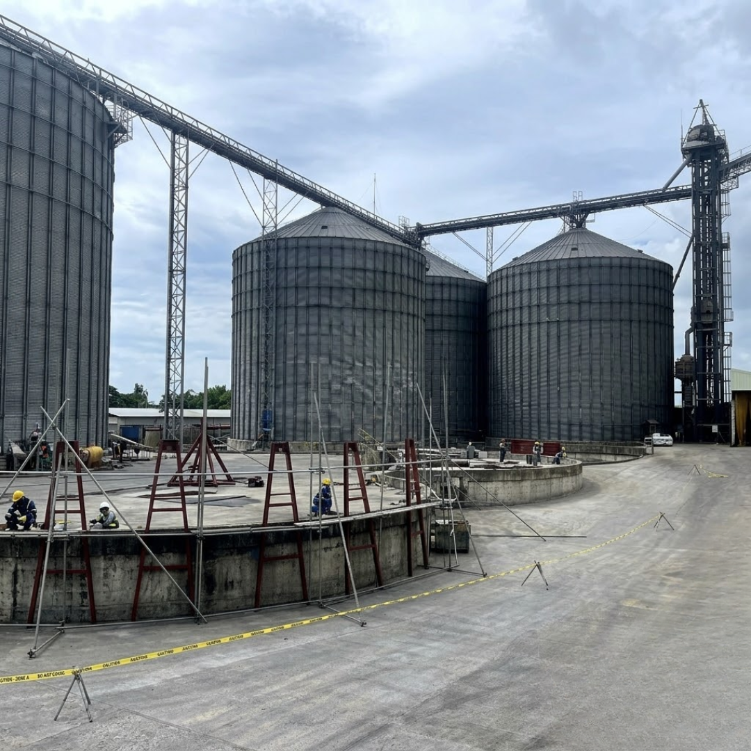 Ground-level erection progress for the 8 × 3,600 MT grain silo battery and conveying system.