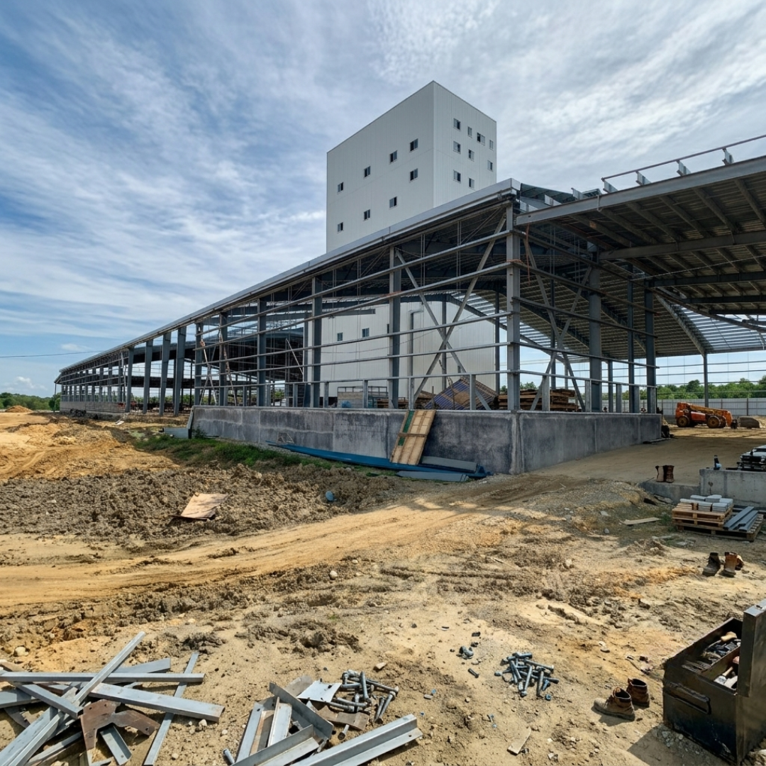 Warehouse and mill building envelope works for the 30 MT/hr livestock feed plant.