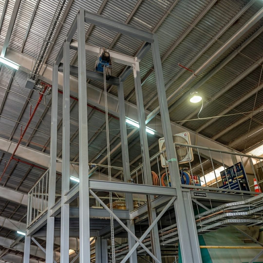 Elevated steel support frame and hoist assembly inside the premix plant facility.