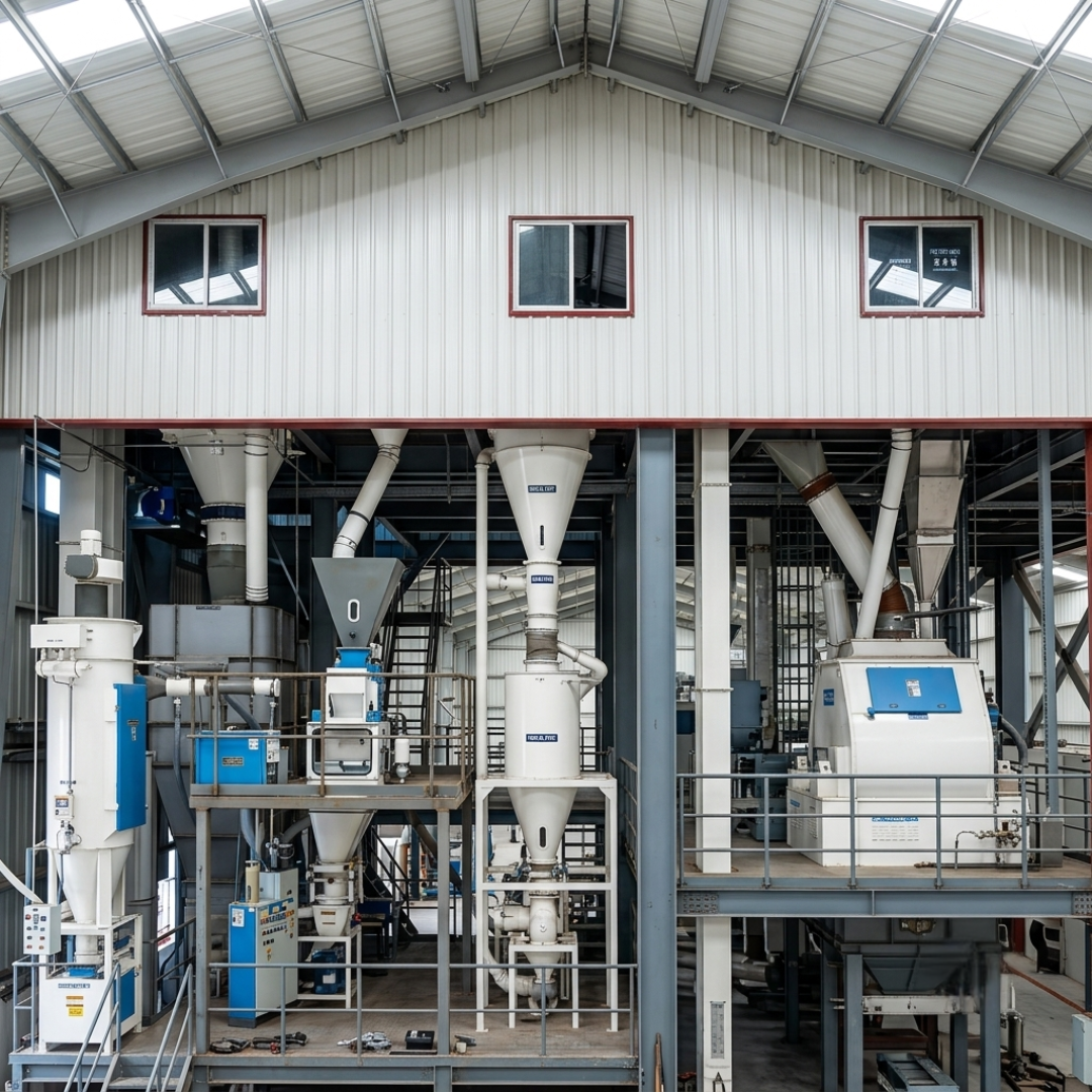 Installed feed mill processing equipment inside the livestock production plant.