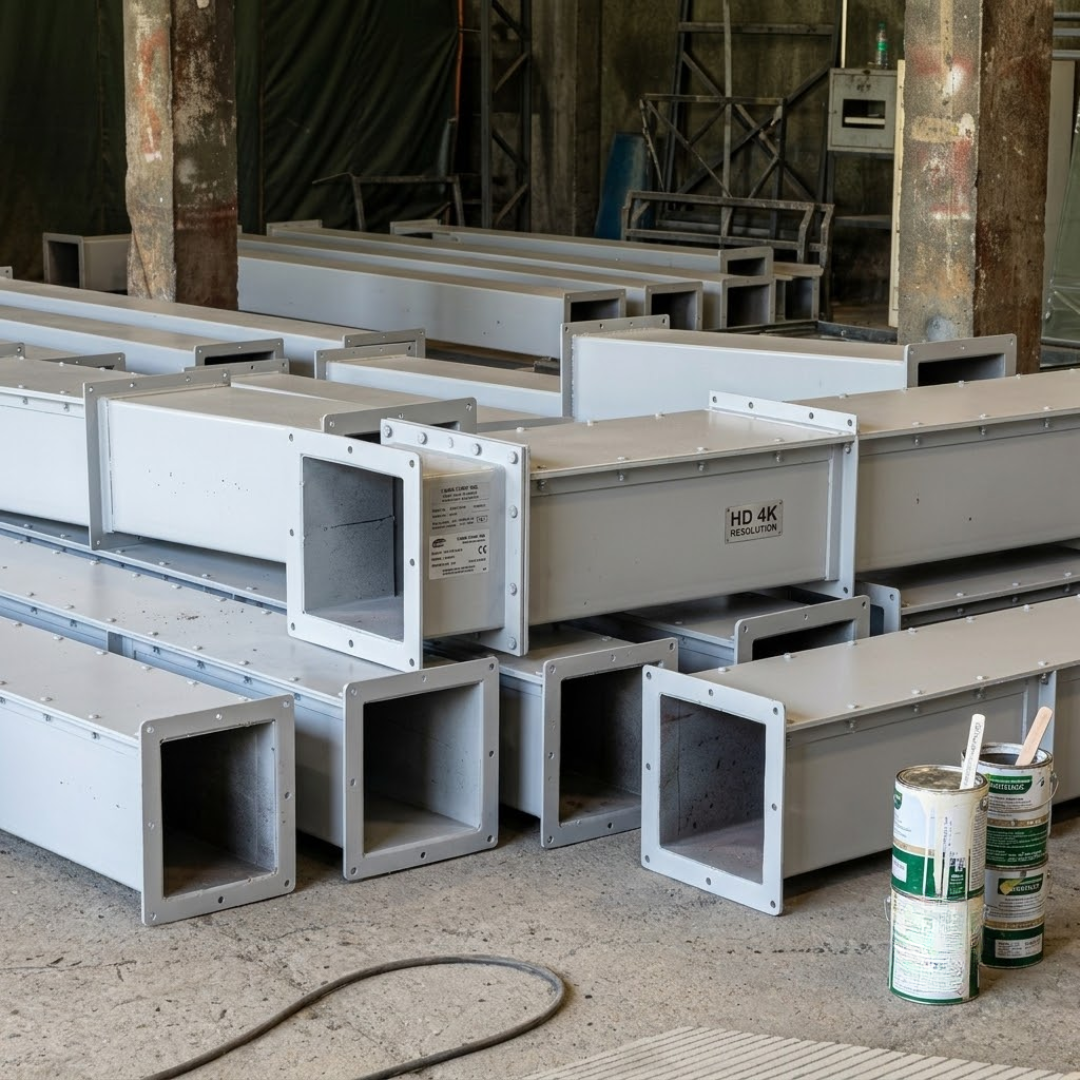 Completed fabricated conveyor duct sections staged in the workshop for finishing and delivery.