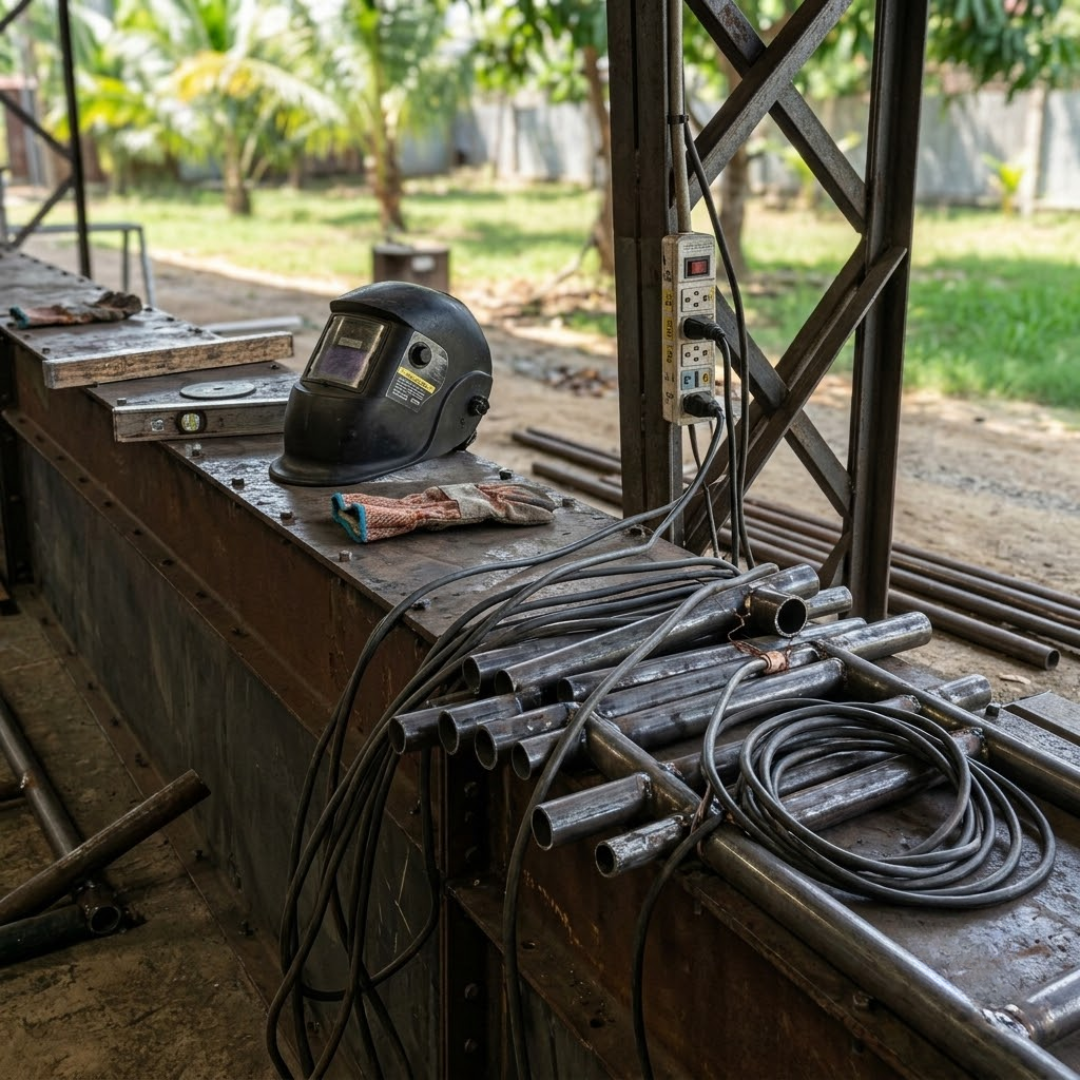 Fabrication workstation with steel members, welding equipment, and fit-up tools for conveyor production.