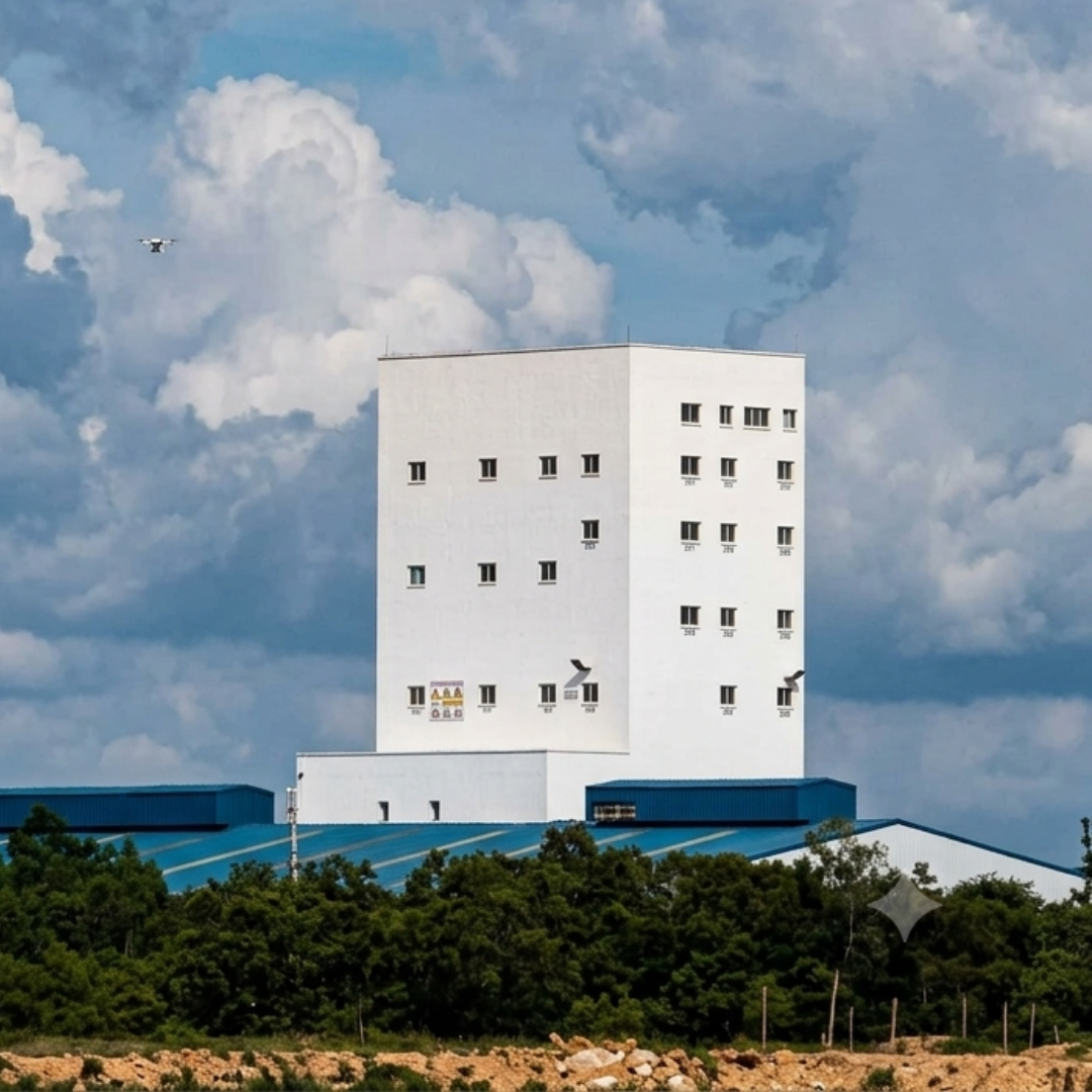 Completed 30 MT/hr livestock feed mill plant viewed against a dramatic sky, now used as the primary project hero image.