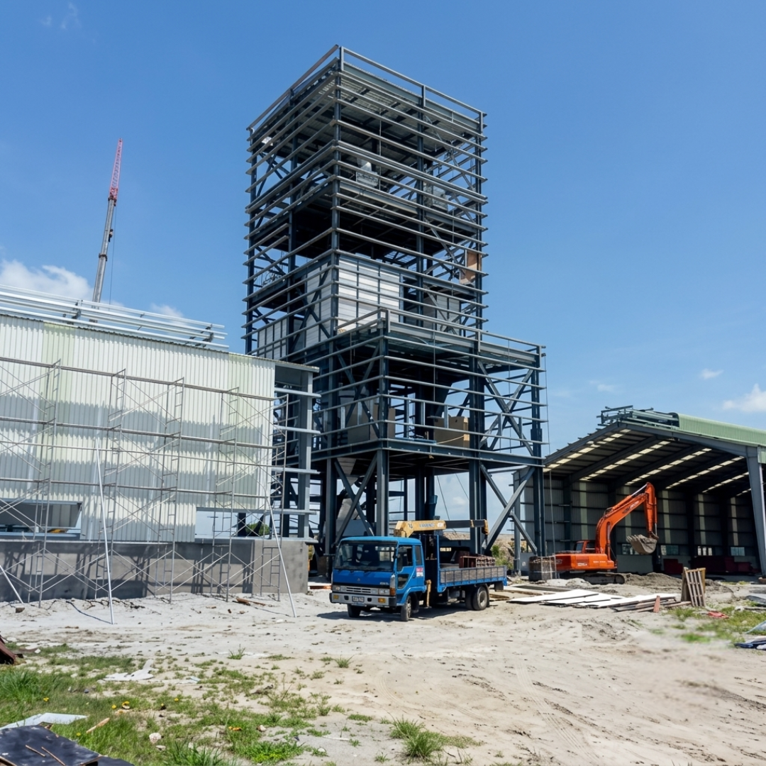 Exterior view of the completed process tower and adjacent plant buildings.