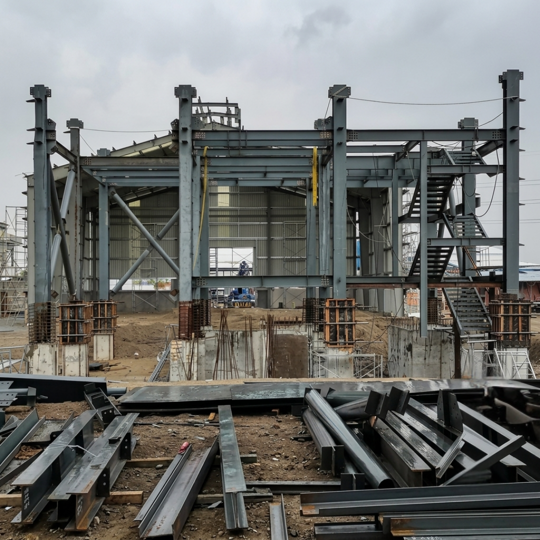 Main process building structure under installation at the 10 MT/hr feed mill project.