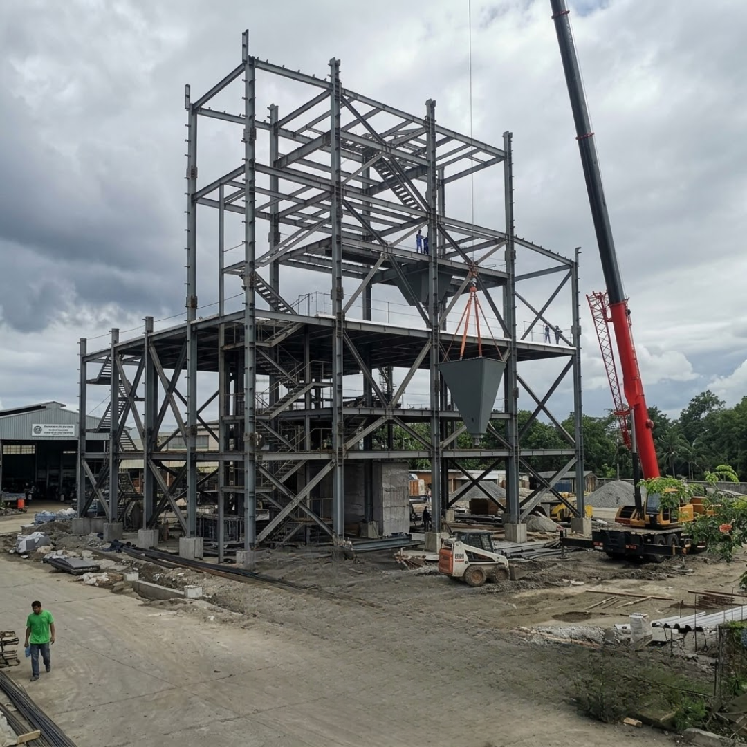 Steel process structure erection in progress for the 40 MT/hr aqua feed plant installation project.