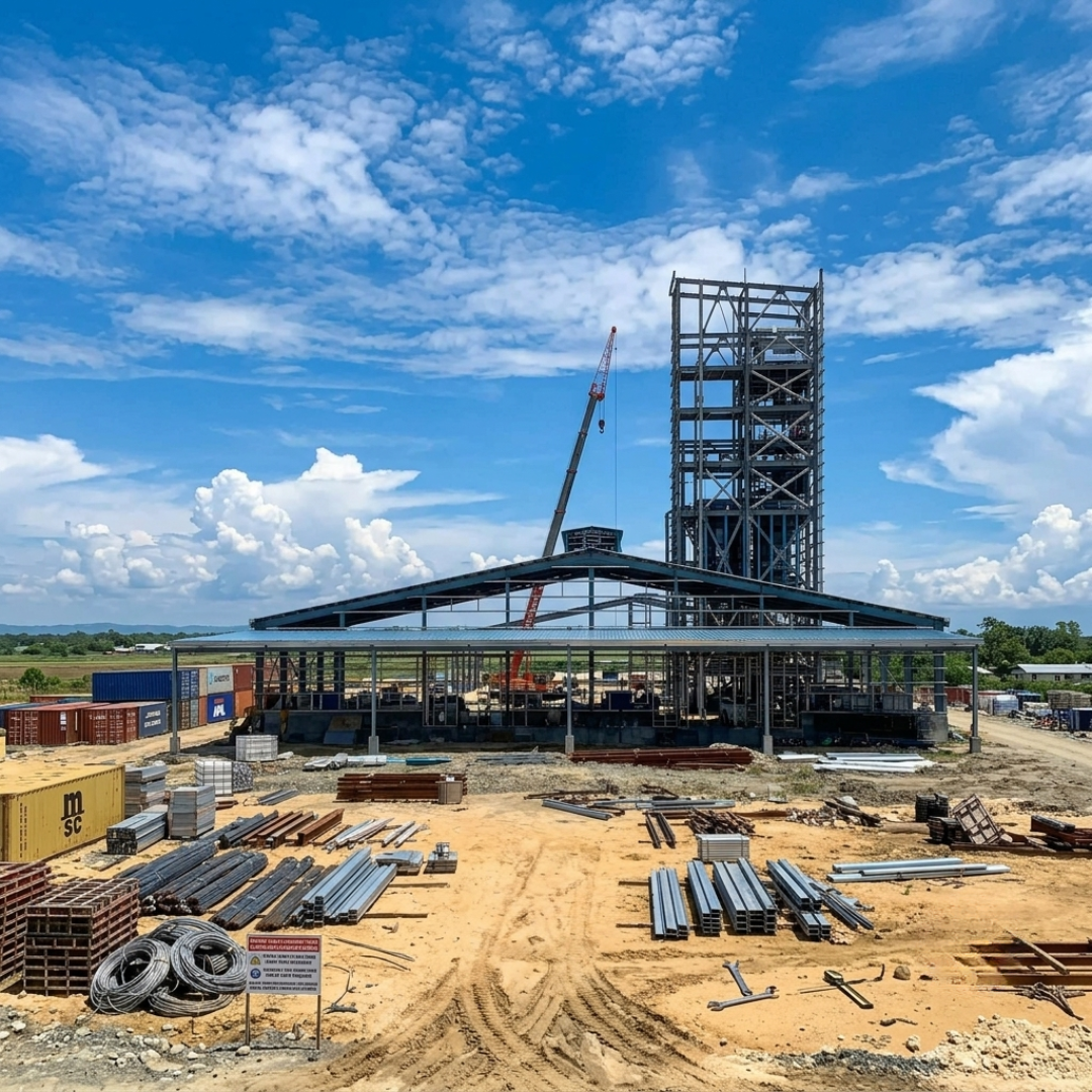 Wide site overview of the 30 MT/hr feed mill project with process tower and main shed.