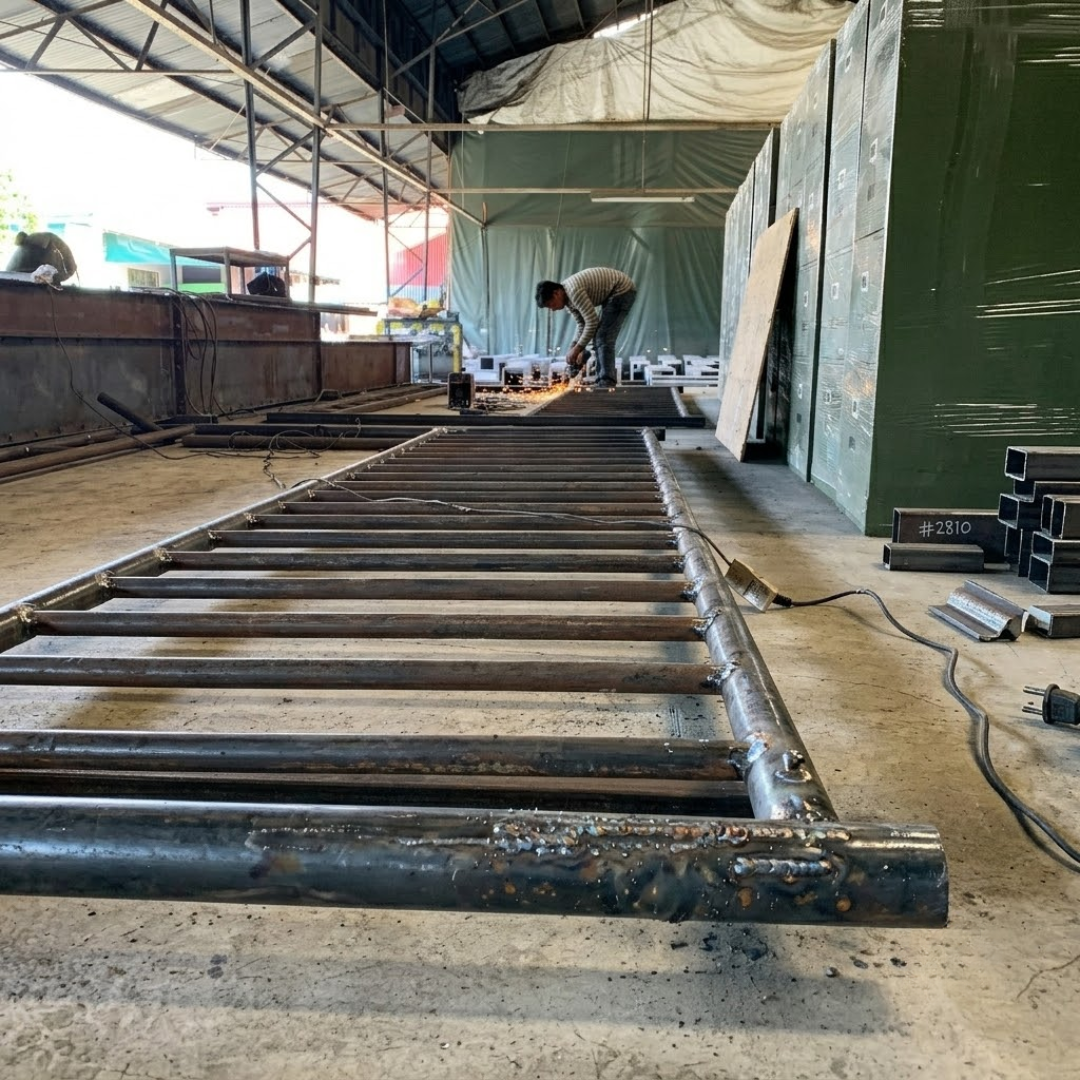 Shop-floor fabrication of a roller conveyor frame during conveyor system assembly.