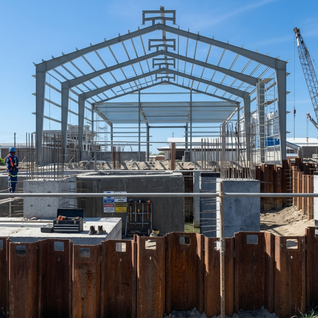 Warehouse frame and civil foundations under construction for the 10 MT/hr plant.