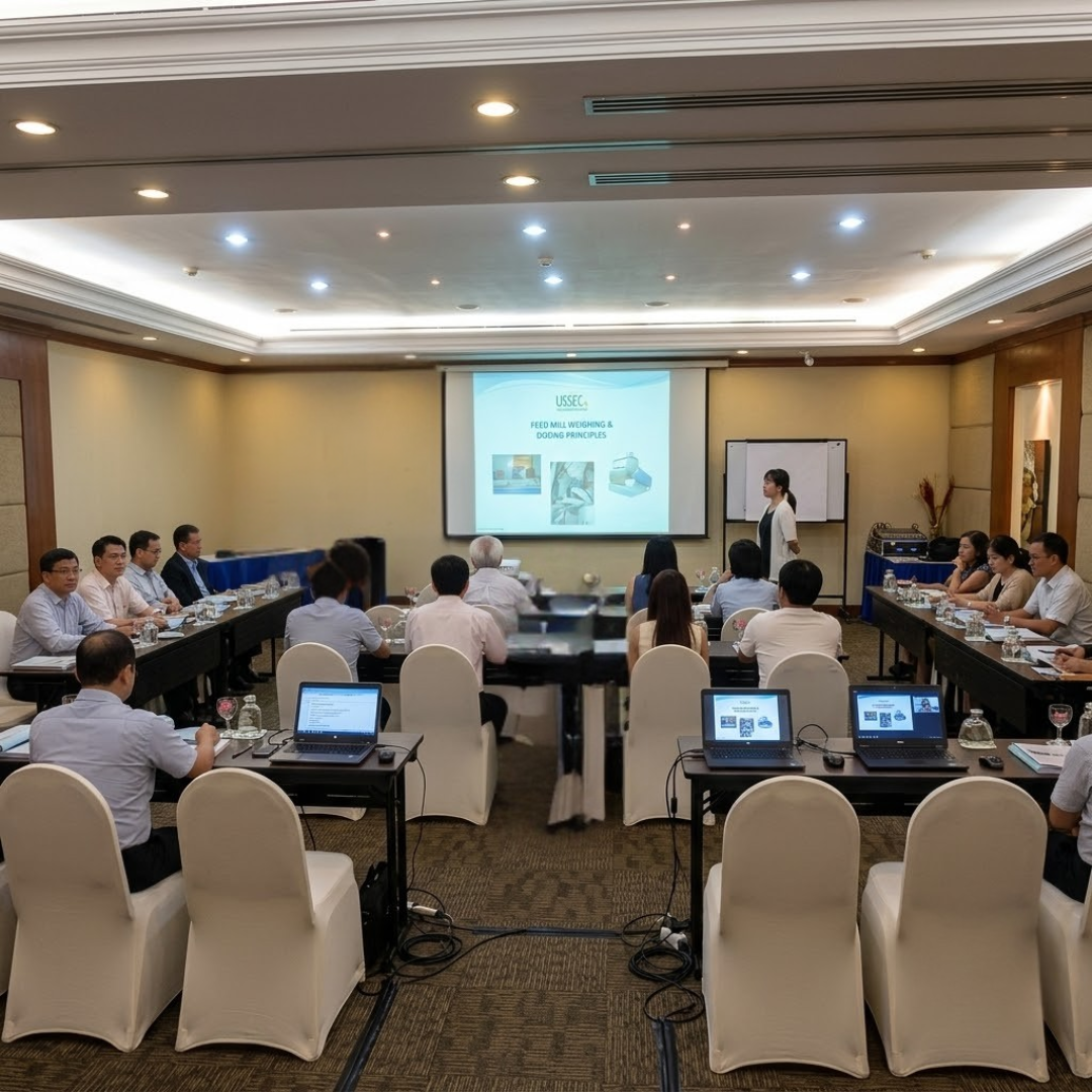 Technical presentation and training session covering feed mill weighing and dosing principles.