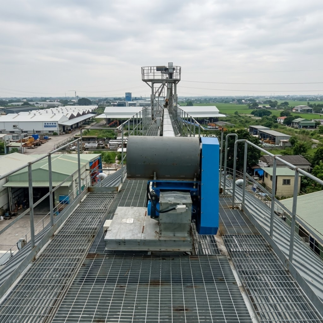Top conveyor and access platform spanning the 2 x 1,500 MT grain silo installation.