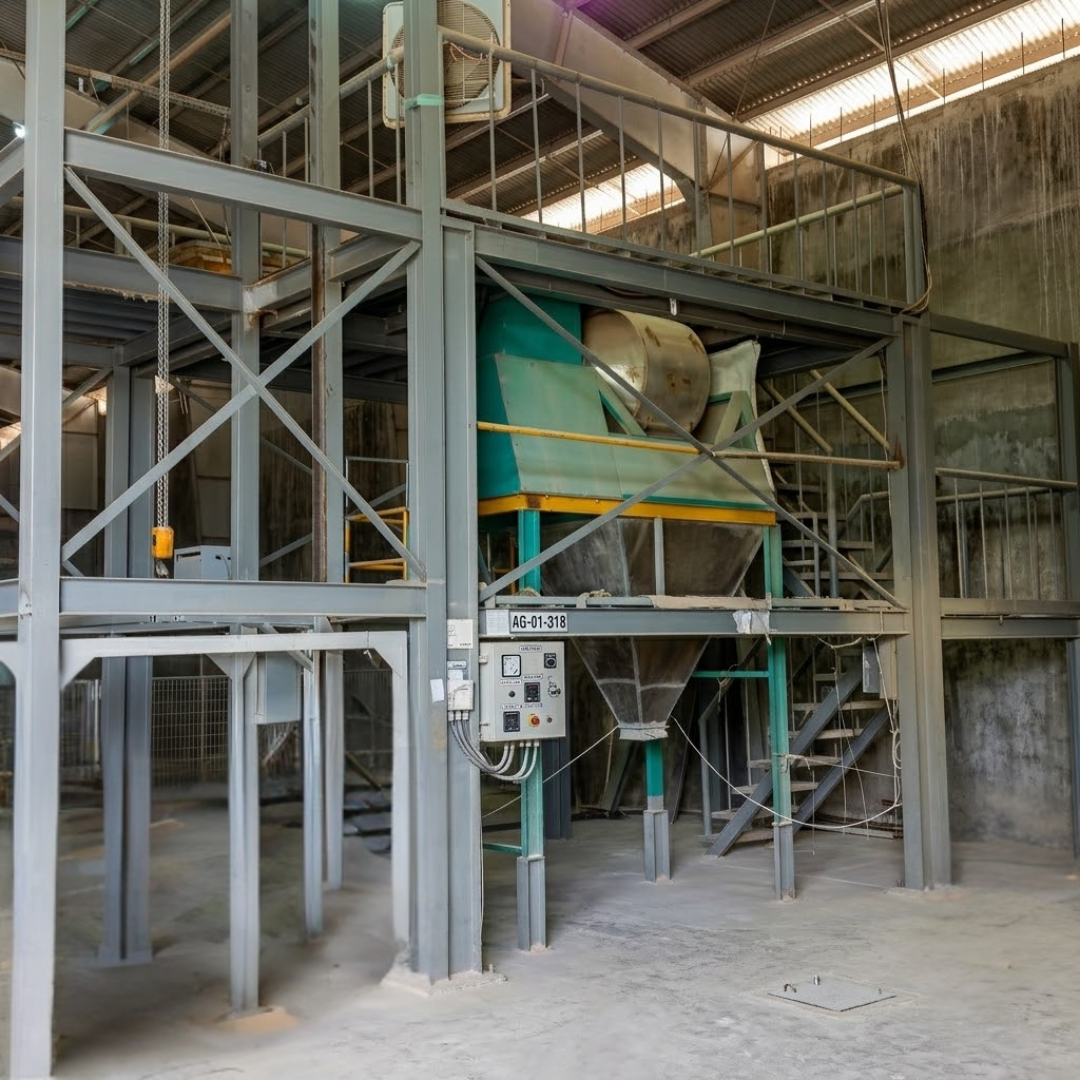 Installed premix hopper and support structure within the completed plant interior.