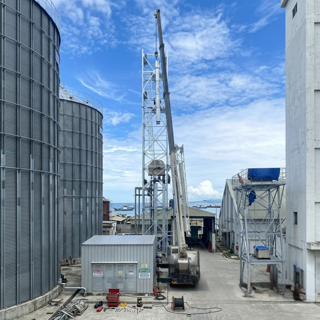 Silo support tower erection works within the 8 × 3,600 MT grain silo project site.