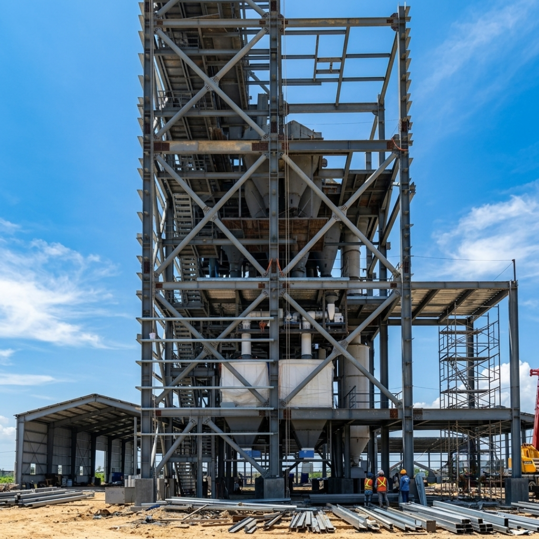 Front elevation of the 30 MT/hr feed mill process structure during construction.