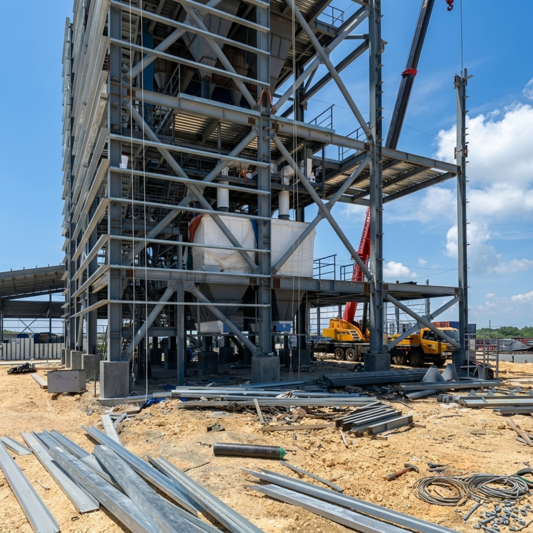 Structural framing and process tower works during the 30 MT/hr feed mill build.