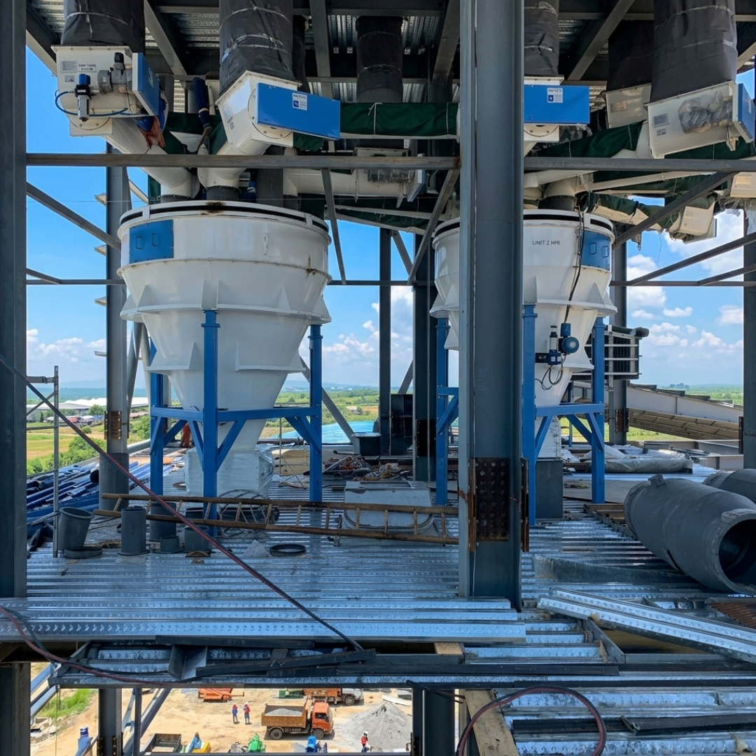 Installed process bins and equipment within the 30 MT/hr feed mill structure.