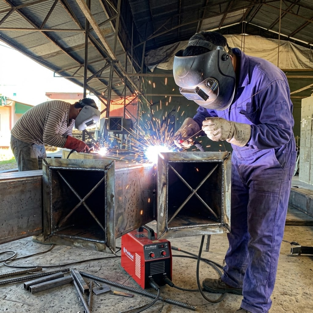 Shop-floor welding of conveyor duct assemblies captured during active fabrication, now used as the featured project image.