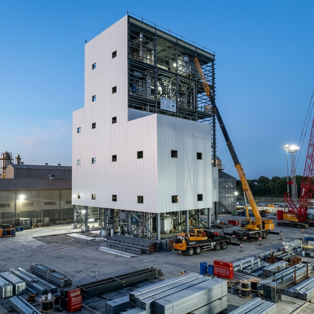 Completed exterior of the 40 MT/hr aqua feed plant building at dusk with site logistics in view.