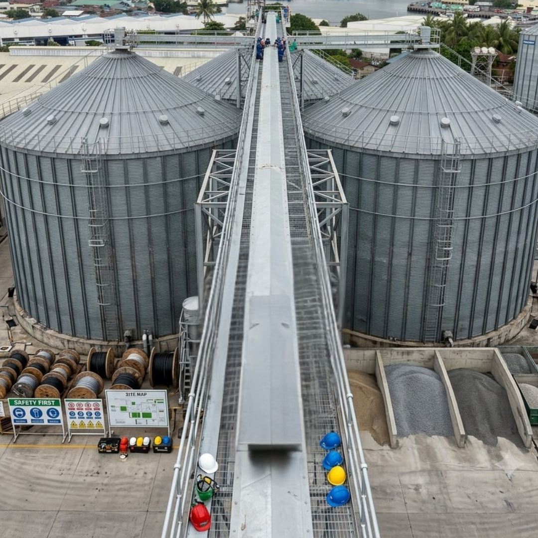 Elevated overview of the finished roofline and conveyor bridge across the 8 × 3,600 MT grain silos.
