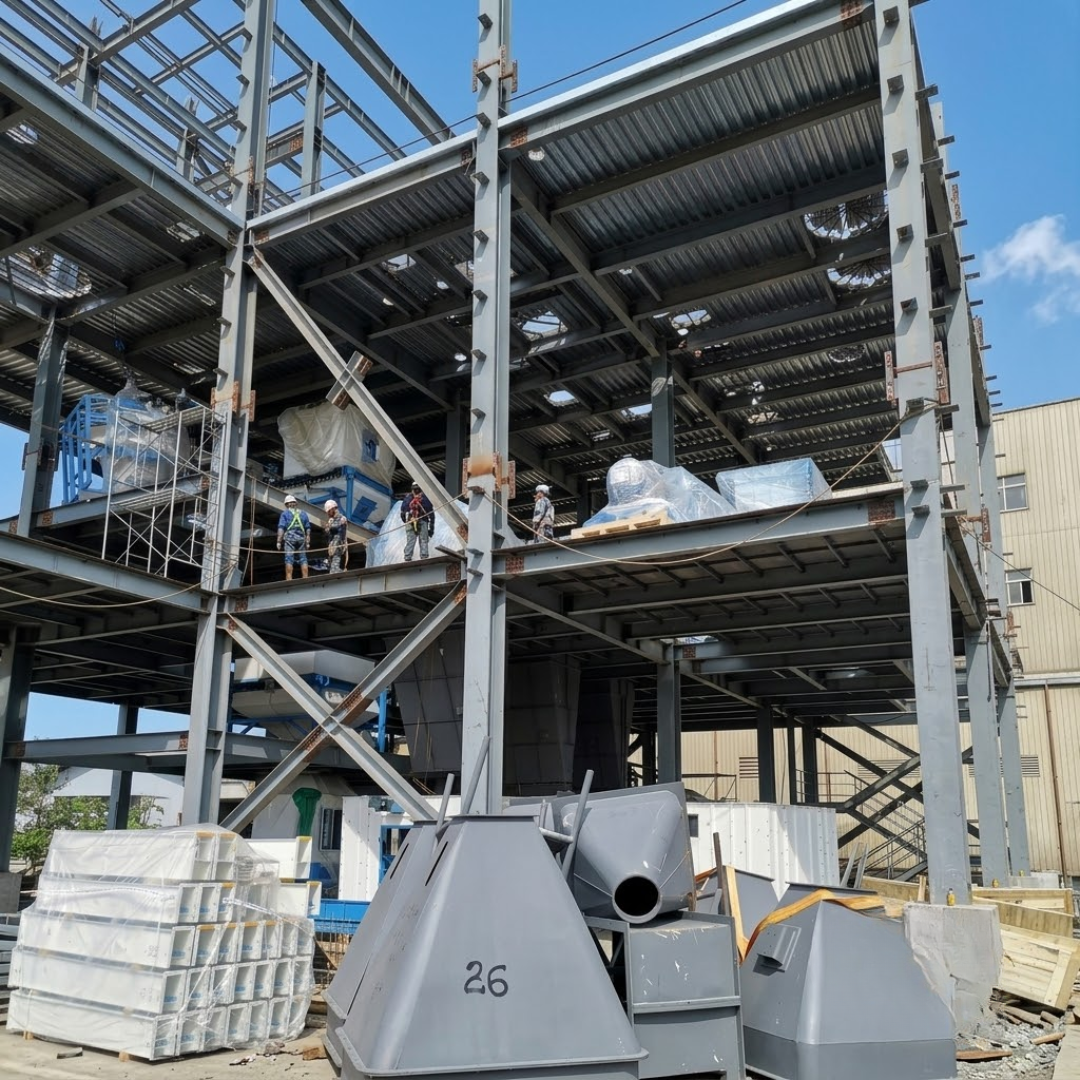 Multi-level steel framing with installed process equipment at the 40 MT/hr aqua feed plant build.