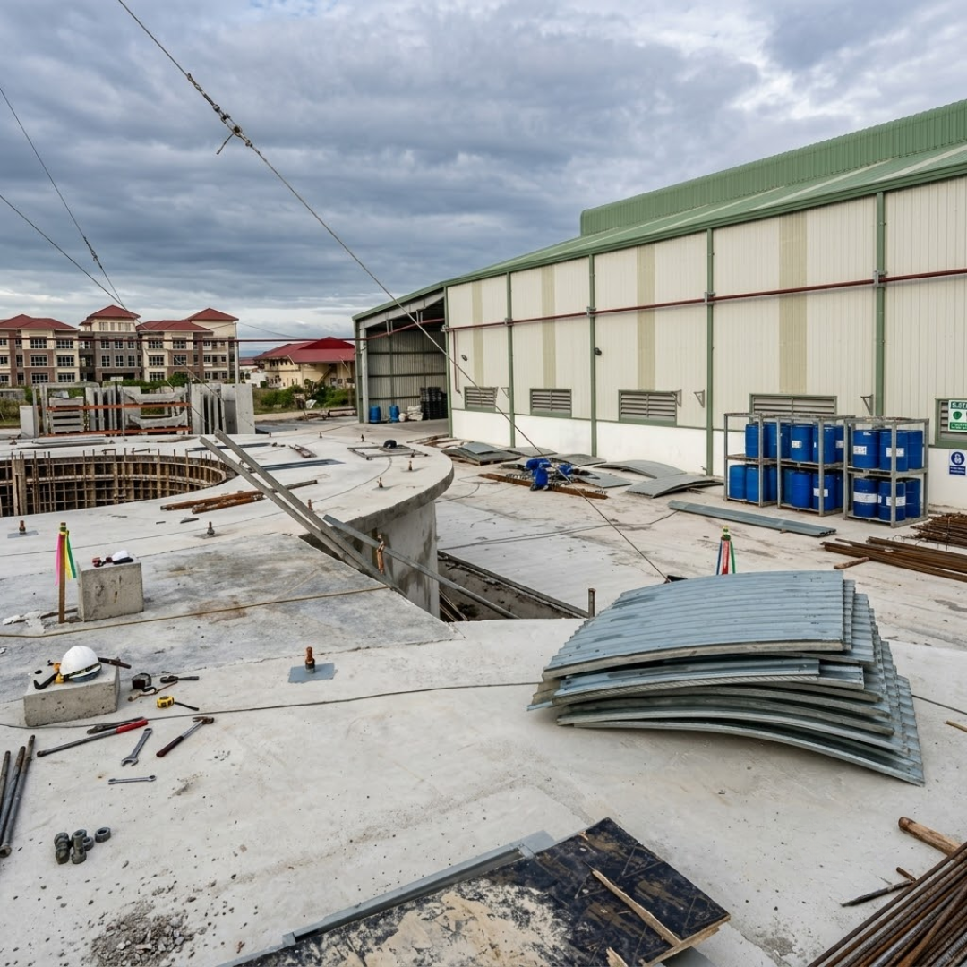 Circular silo foundation works and staged panel components during early construction.