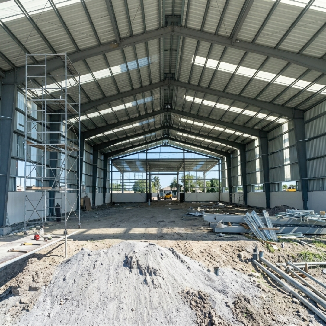 Interior of the finished warehouse structure connected to the feed mill complex.