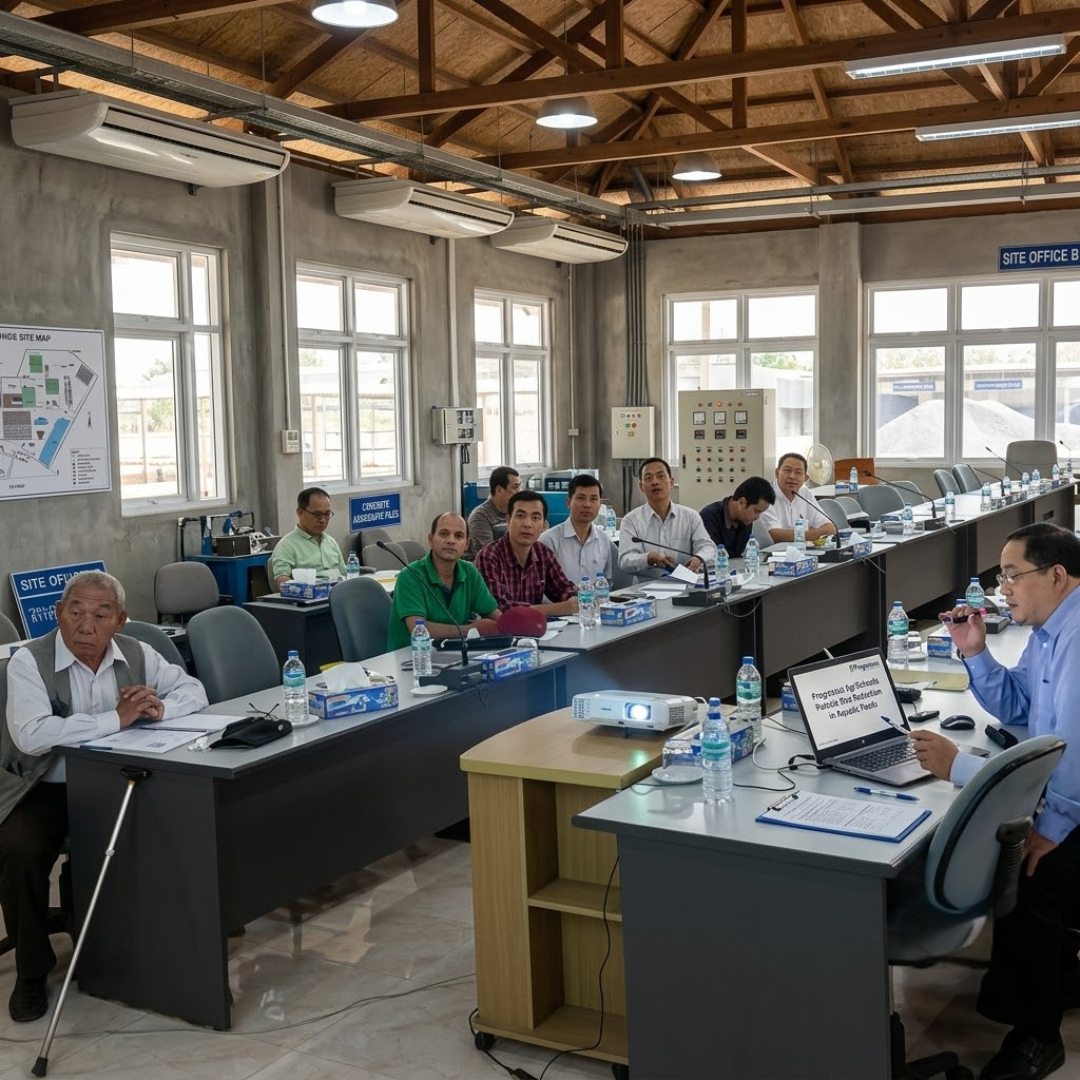 Project supervision meeting and plant technical review inside an operational site office.