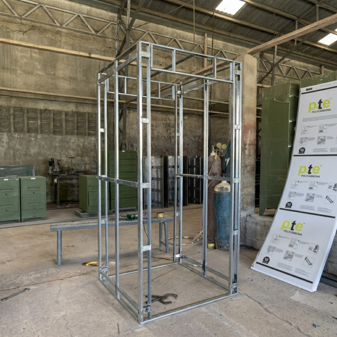 Sanitation booth structural frame prepared in the workshop before cladding and final fit-out.