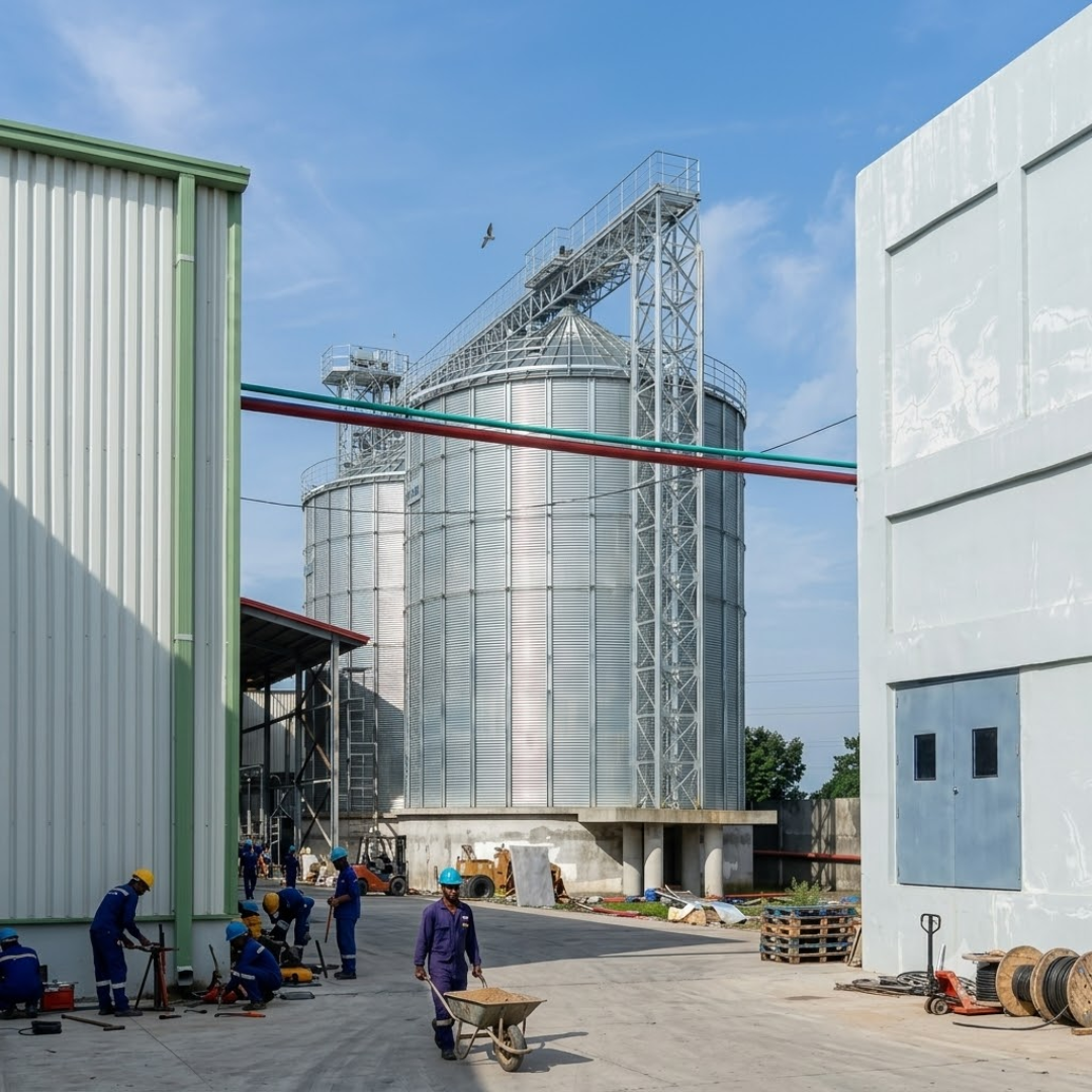 Completed dual 1,500 MT grain silo installation with conveying structure and active site operations.