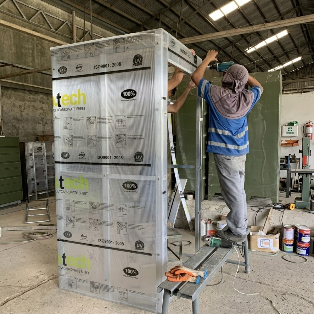 Assembly and panel installation for the sanitation booth during fabrication and enclosure works.