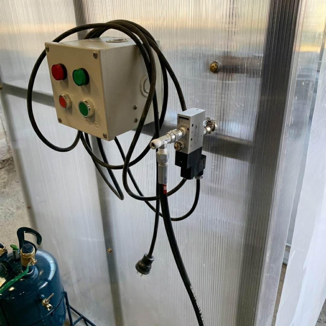 Integrated pneumatic and control components installed inside the completed sanitation booth system.