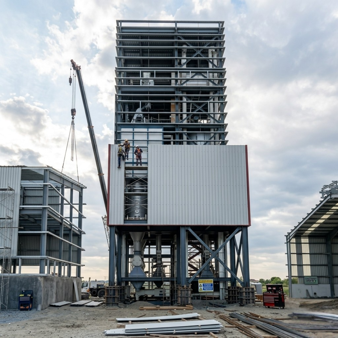 Vertical process tower and enclosure works during final plant erection.